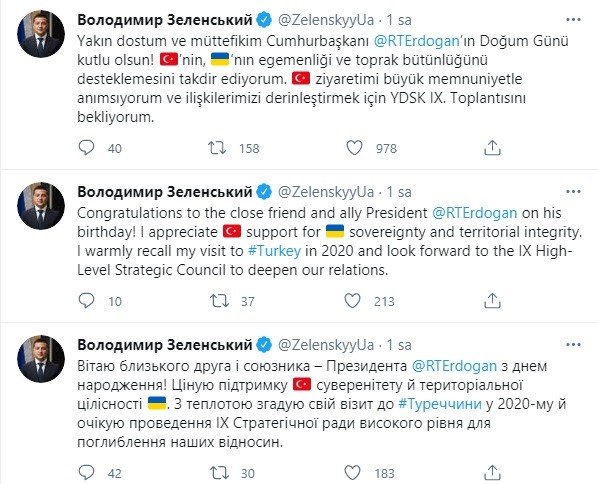 Ukrayna Devlet Başkanı Zelenskiy Cumhurbaşkanı Erdoğan’ın Doğum Gününü Kutladı