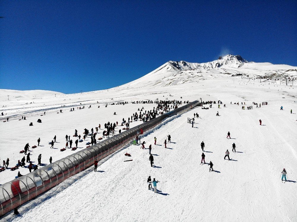 Kar Yağdı Tatilciler Erciyes’e Akın Etti